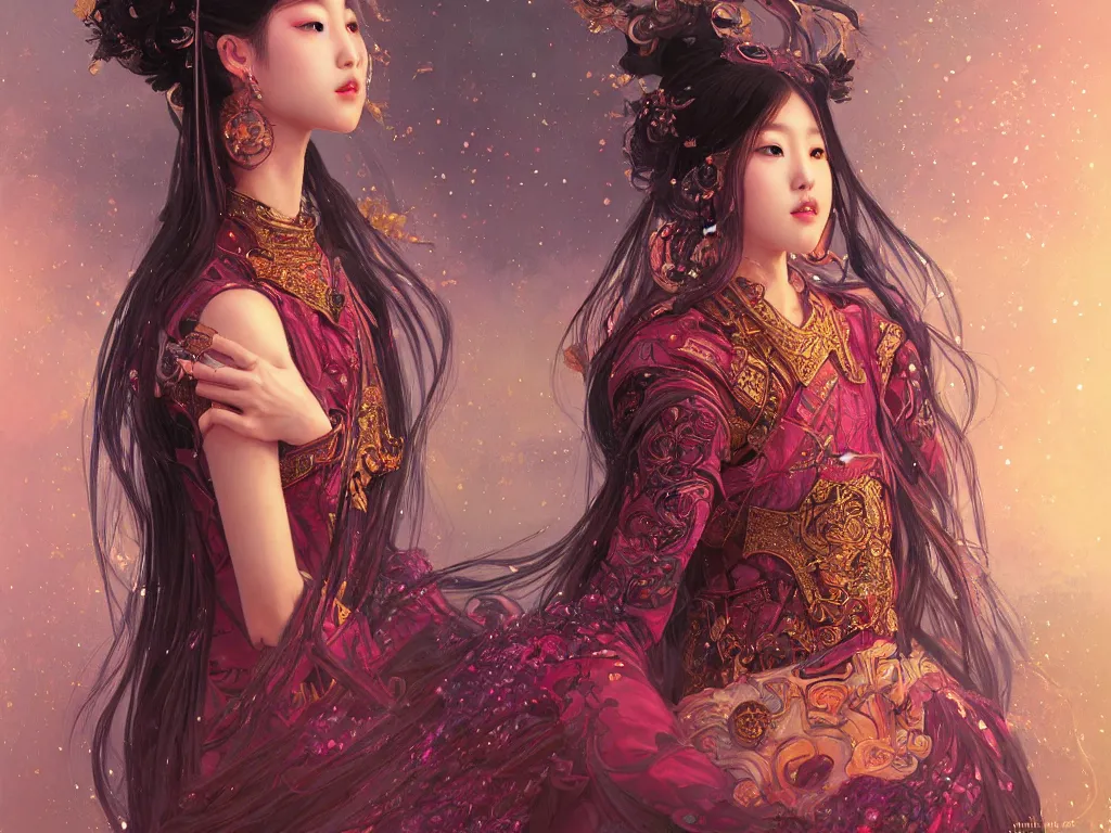 Image similar to portrait jisoo blackpink, wearings samurai colorpunk armor, in temple fire stormy sparkles night, ssci - fi and fantasy, intricate and very very beautiful and elegant, highly detailed, digital painting, artstation, concept art, smooth and sharp focus, illustration, art by tian zi and wlop and alphonse mucha