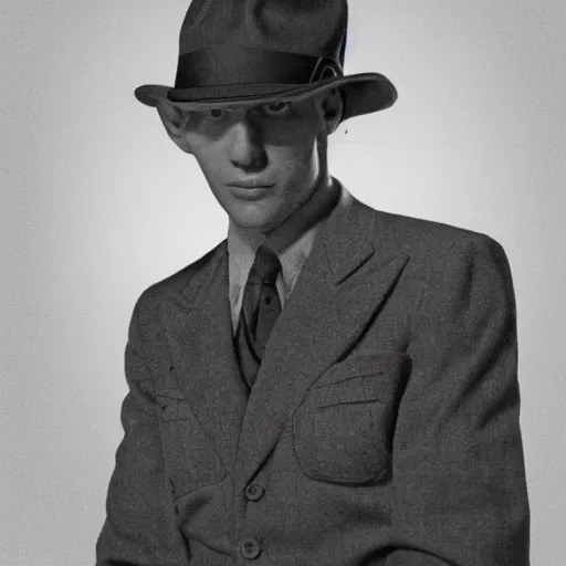 Image similar to A photograph portrait of Jerma985 wearing a suit with and fedora in the 1940s, taken in the early 1940s, grainy, taken on a 940s Kodak Camera, realistic, hyperrealistic, very realistic, highly detailed, very detailed, extremely detailed, detailed, digital art, trending on artstation