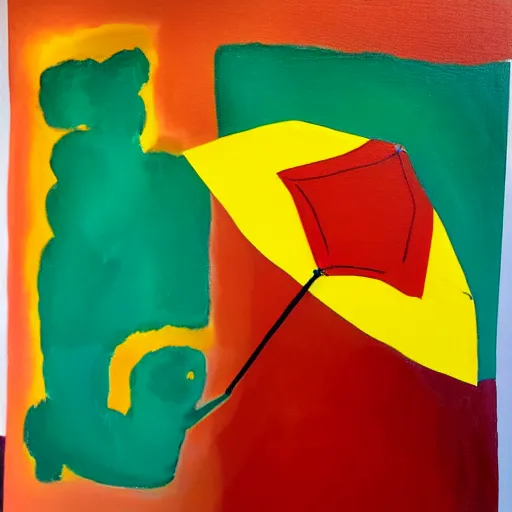 Image similar to a painting of a person holding a yellow and red umbrella, a cave painting by etel adnan, reddit contest winner, metaphysical painting, childs drawing, wimmelbilder, apocalypse art