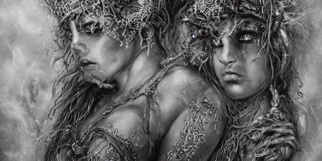 Image similar to Closeup of realistic asian Sumerian Death Goddess chalk skin etched with runic icons + mystical symbols, with small bleached bones covering vest and flowing electricity and smoke , fantasy, intricate, elegant, highly detailed, digital painting, artstation, concept art, matte, sharp focus, photoreal, ghostbusters poster, art by Artgerm and peter mordenbacher,Mike Winkelmann, photo real, ultra realistic, intricate, epic lighting, 8k resolution, unreal engine 5, ultraviolet colors