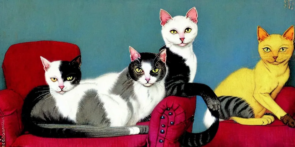 Image similar to two cats on an old armchair, blue and white hair, yellow and pink hair, style of norman rockwell