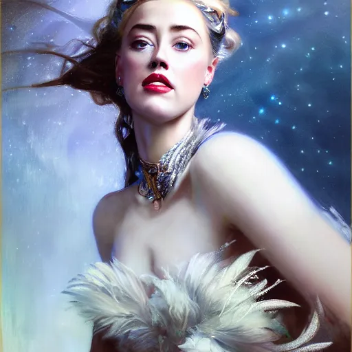 Image similar to hyperrealistic portrait of a woman as amber heard as greek goddess of the night sky wearing white swan dress wearing sapphire jewellery feather collar by jeremy mann and alphonse mucha, fantasy art, photo realistic, dynamic lighting, artstation, poster, volumetric lighting, very detailed faces, 4 k, award winning