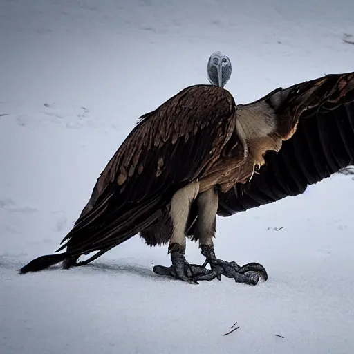 Prompt: a vulture in the snow