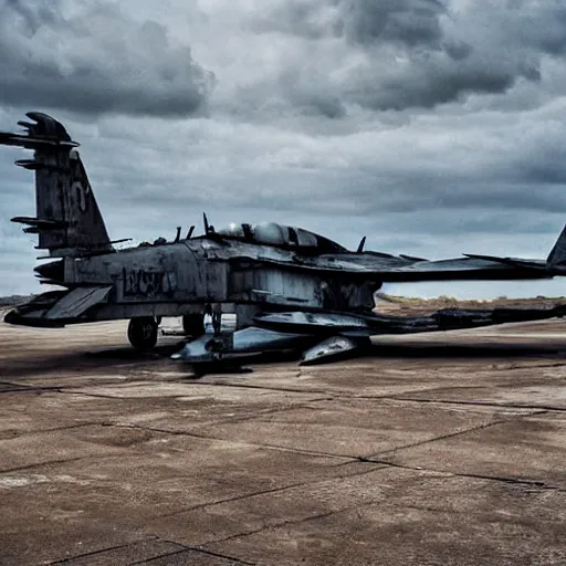 Image similar to broken and abandoned Military Jets on a tarmac, gothic art, color, highly detailed
