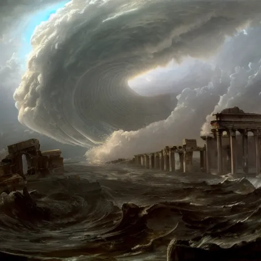 Prompt: Panorama view of a hurricane lifting the ruins of an ancient city into a sea of clouds with a gigantic snail in the background, oil painting, by Greg Rutkowski