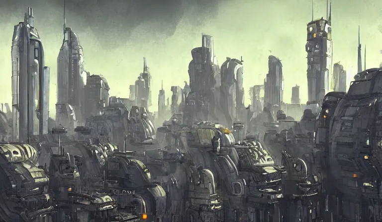 Prompt: A alien cityscape , metropolis and space craft overhead in the style of Ian McQue.