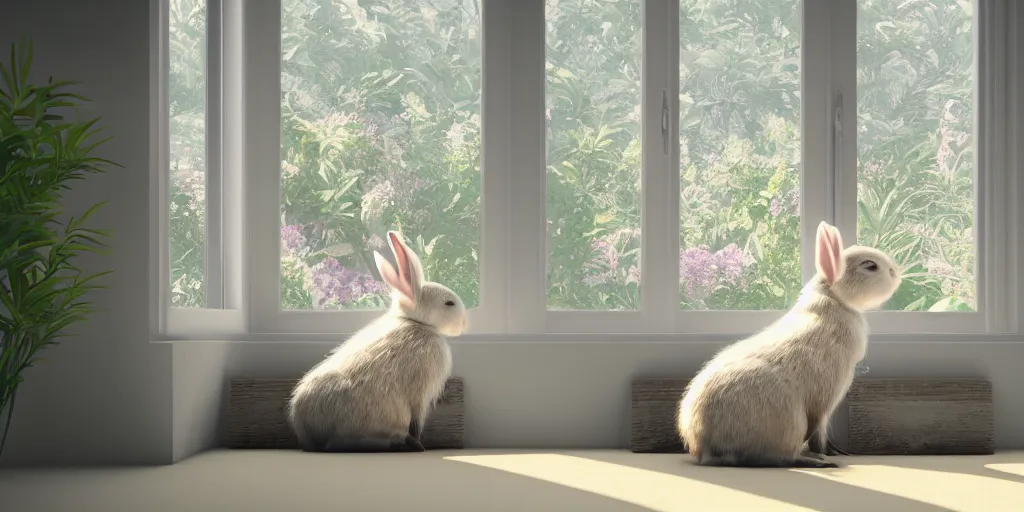 Prompt: beautiful peaceful dreamy painting of a content bunny sitting by a window and looking outside, sunshine coming through the window, small plants on the window sill, 8k, hyper realism, trending on artstation, octane render