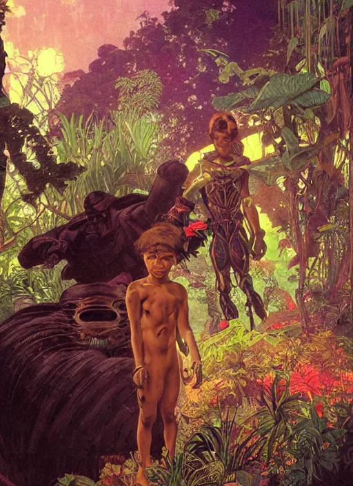 Image similar to portrait of a little epic cyborg warrior boy character with dark skin and a big robot tiger at his side in the middle of a lush jungle. diffuse neon light, dramatic landscape, fantasy illustration, matte painting by mucha