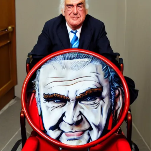 Prompt: milos zeman on a wheel - chair painted in anime style, detailed, villian
