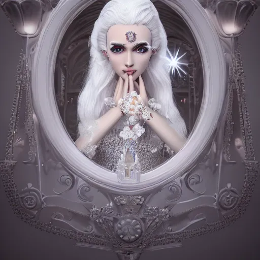 Image similar to wonderful princess of white diamonds with fair skin, white hair, white flowers, ornate with white diamonds, 8 k, gorgeous, intricate, detailed, glowing white accent lighting, dramatic lighting, octane render