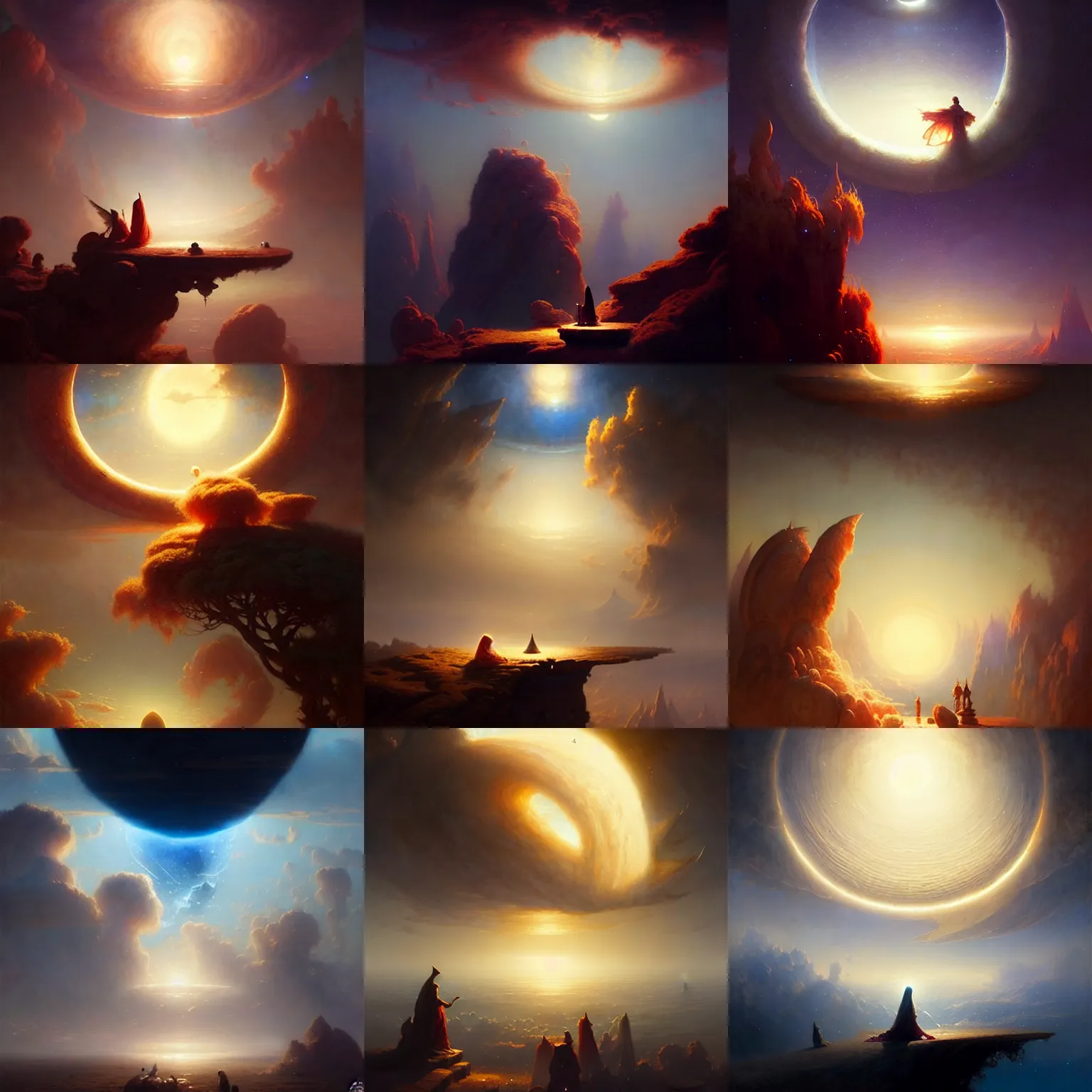 Prompt: giant crescent in the sky in a magic fluffy persian carpet dimension, by greg rutkowski and gaston bussiere, dim lighting, beautiful volumetric - lighting - style atmosphere, surreal atmosphere, intricate, detailed, photorealistic imagery, trending artstation