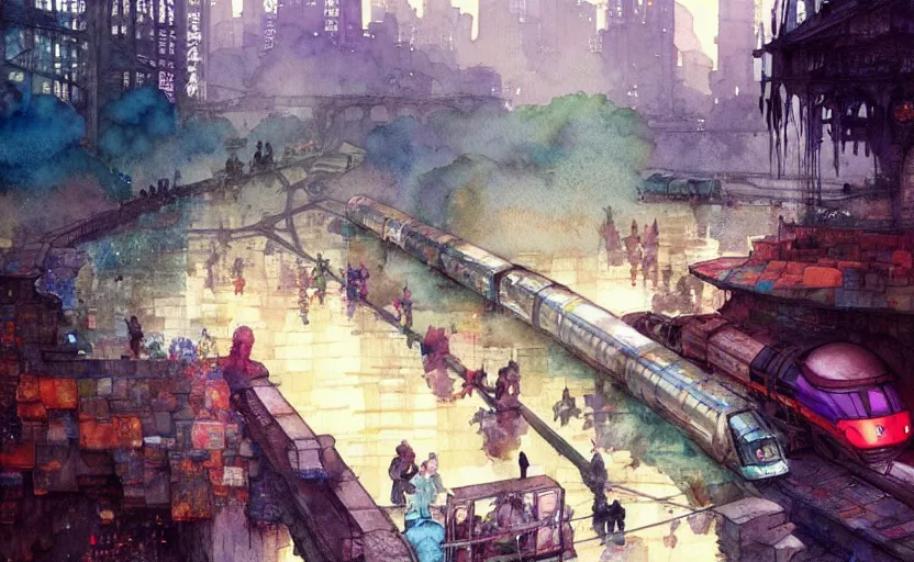 Image similar to an urban train rides inside of a waterway on a fantasy city. intricate, amazing composition, colorful watercolor, by ruan jia, by maxfield parrish, by marc simonetti, by hikari shimoda, by robert hubert, by zhang kechun, illustration, gloomy