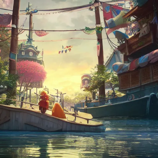 Image similar to a film still floats carnival, medium shot, waist up, studio ghibli, pixar and disney animation, sharp, rendered in unreal engine 5, anime key art by greg rutkowski, bloom, dramatic lighting