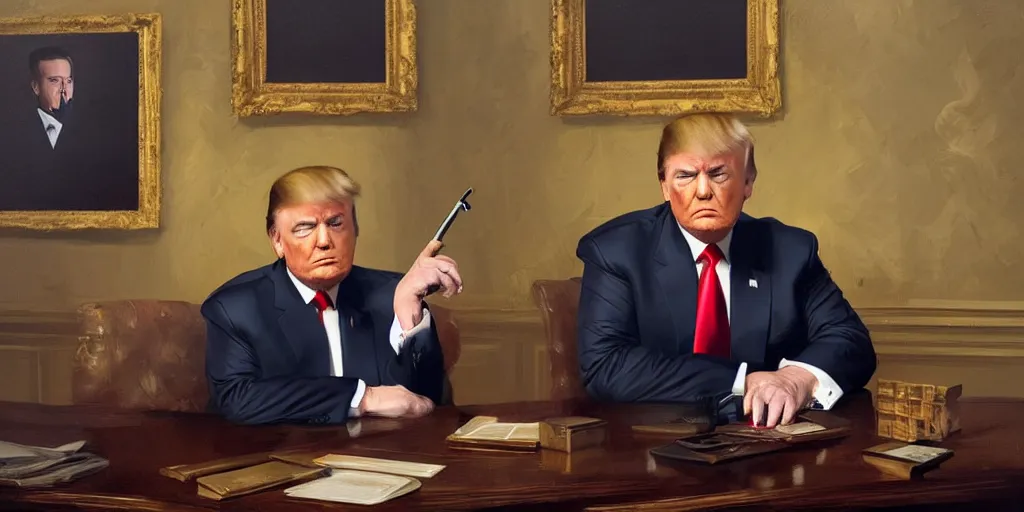 Image similar to beautiful oil matte portrait painting, mafia boss donald trump smoking at white house office desk, wonderful masterpiece highly detailed, beautiful cinematic light deep focus, elegant, digital painting, smooth, sharp focus, golden ratio, dramatic illumination, ultra realistic, 8 k, art by jimmy law