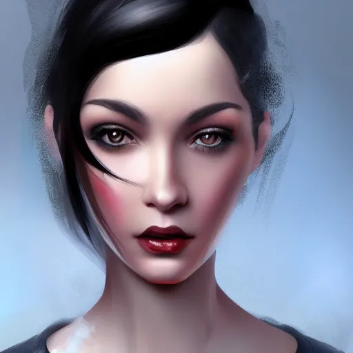 Prompt: a digital painting of a woman with black hair, a character portrait by Charlie Bowater, featured on cgsociety, photorealism, deviantart hd, daz3d, zbrush