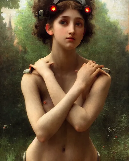 Image similar to beautiful centered fine art portrait of girl with solarpunk mecha humanoid parts with led lights, pudica pose gesture, by bouguereau, ultra - realistic and intricate, hdr 8 k