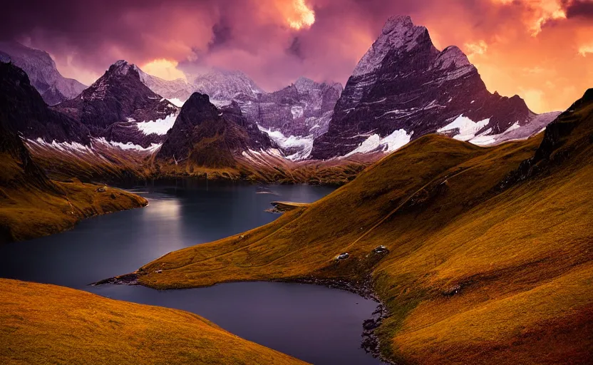 Image similar to a dramatic swiss alps landscape photo by ryan dyar, highly detailed, 8 k