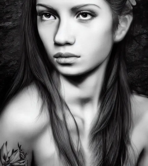 Image similar to a beautiful girl portrait, faded mountain background, realism tattoo, in the style of den yakovlev, black and white, hyper realistic, highly detailed