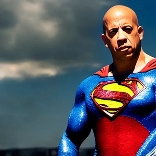 Image similar to Vin Diesel as Superman, film still from Man of Steel, detailed, 4k