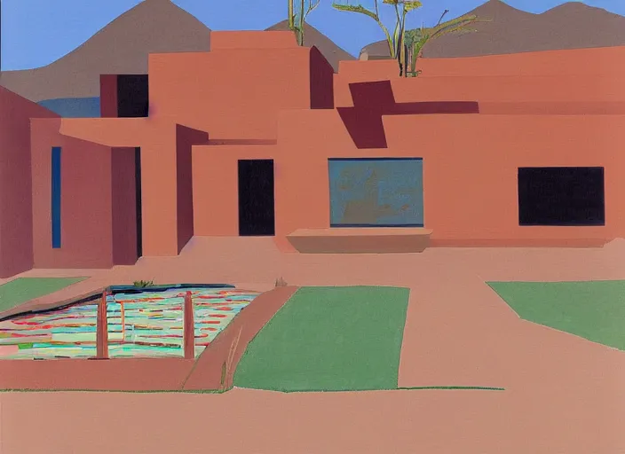 Image similar to painting of a frank lloyd wright house in the california desert by david hockney