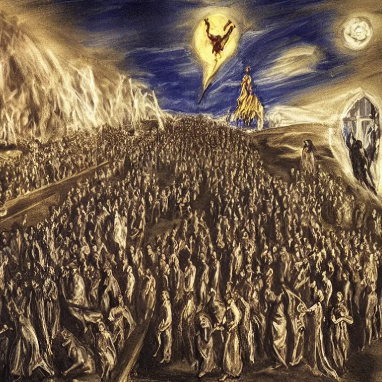 Image similar to A Holy Week procession of souls in a Spanish landscape at night. A figure at the front holds a cross, trending on artstation, 50mm, by El Greco, Remedios Varo y Salvador Dali.