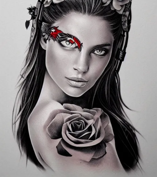 Image similar to tattoo design on white background of a beautiful girl warrior, roses, hyper realistic, realism tattoo, by eliot kohek, beautiful eyes, realistic face, black and white