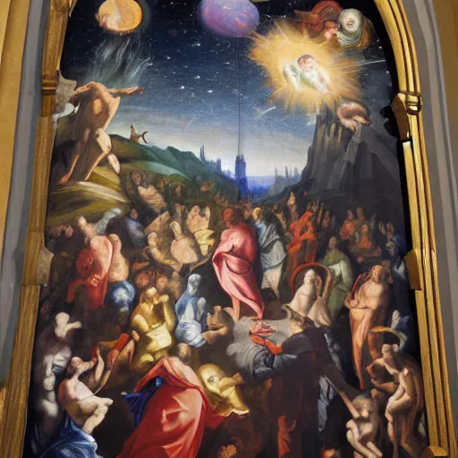 Prompt: creation of the universe painted in the gent altar piece