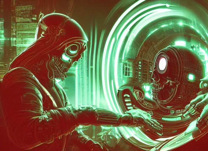 Prompt: a futuristic skull with glowing eyes and a wormhole tunnel, cyberpunk art by dan mumford, behance contest winner, computer art, darksynth, synthwave, rendered in cinema 4 d