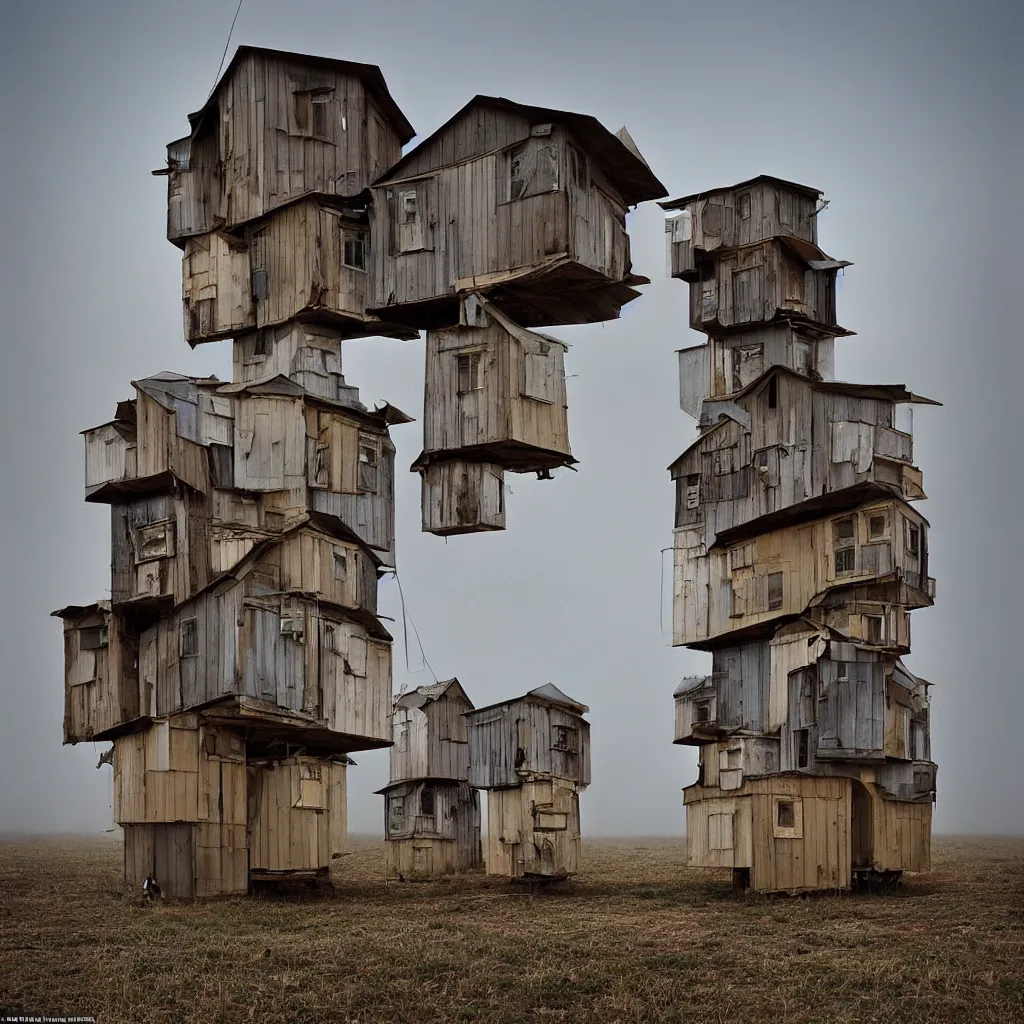 Image similar to towers made up of stacked makeshift squatter shacks with faded colours suspended over a quagmire, plain uniform sky at the back, misty, mamiya, ultra sharp, very detailed, photographed by julie blackmon, cristina de middel and john chiara