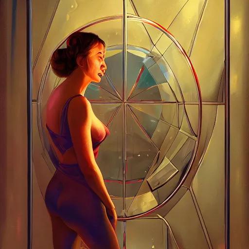 Image similar to detailed face of a woman, large hadron collider, dimensional portal, teleportation, wet reflections, prism, atmospheric, ambient, pj crook, syd mead, livia prima, artgerm, greg rutkowski, nick alm, casey baugh