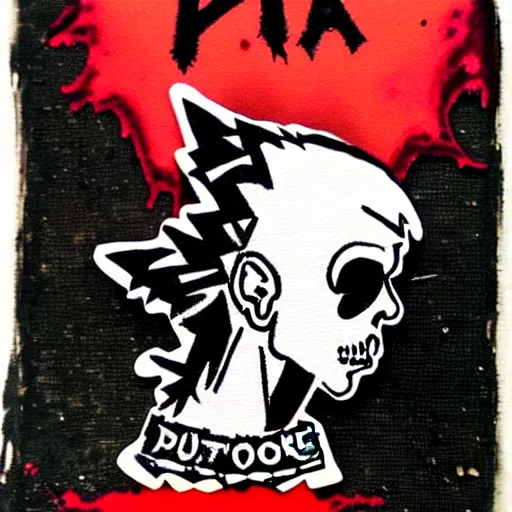 Prompt: painting on a badge, punks not dead!, exploited, clash, punk rock album cover art style, grunge, no future