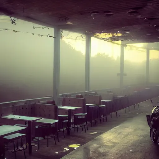 Image similar to highway restaurant with rustic architecture. cyberpunk style. apocalyptic style. photo. photorealistic. nebulous. fog.