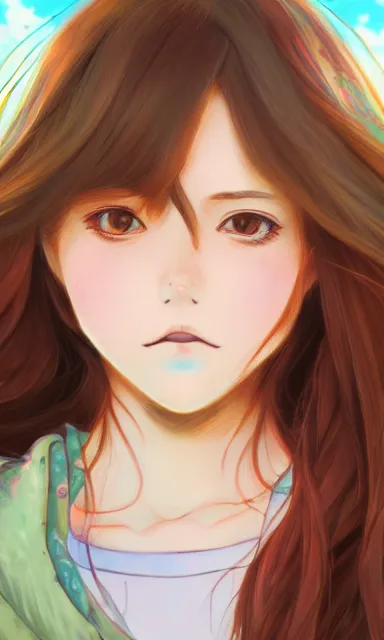Prompt: a colorful scene of a girl with brown hair, anime, detailed background, female, portrait, trending on artstation, by studio ghibli