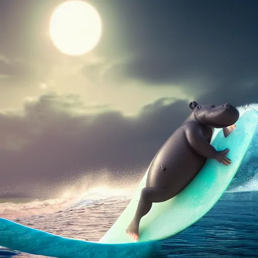 Image similar to hippopotamus on a surfboard, surfing bright blue waves of an ocean off hawaii, digital art, octane render, imax, trending on artstation, dark mood