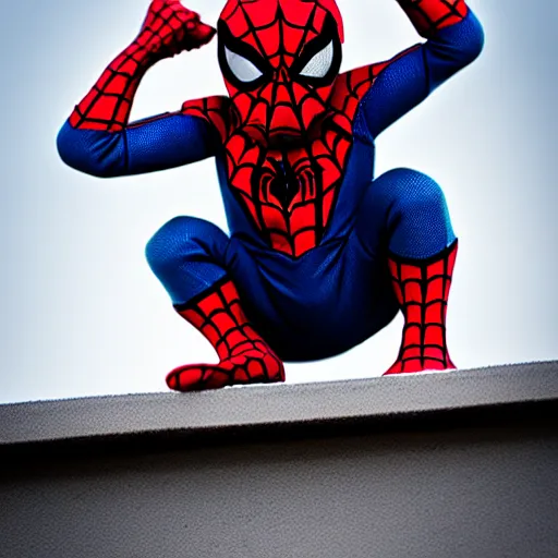 Image similar to Baby Spider-Man sitting at the roof,