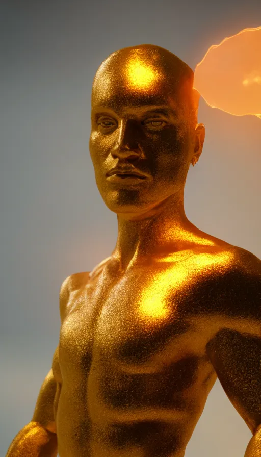 Image similar to a god made of golden fire, octane renderer, unreal engine, hyper realistic, volumetric lighting