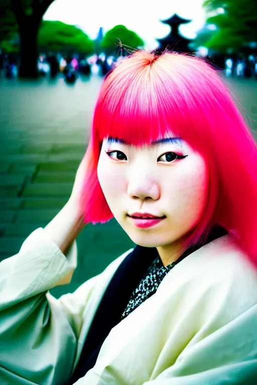 Prompt: photography masterwork, portrait of a beautiful japanese woman with dyed hair sitting in ueno park, shot on a canon 5 d mark iii with a 3 5 mm lens aperture f / 5. 6, dslr camera, film grain, kodak film, dynamic composition, close up, full res