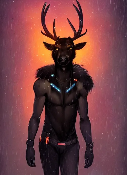 Image similar to award winning beautiful portrait commission of a male furry anthro Black Reindeer fursona with a tail, wings and a cute beautiful attractive detailed furry face wearing stylish black and orange cyberpunk clothes in a cyberpunk city at night while it rains. Character design by charlie bowater, ross tran, artgerm, and makoto shinkai, detailed, inked, western comic book art