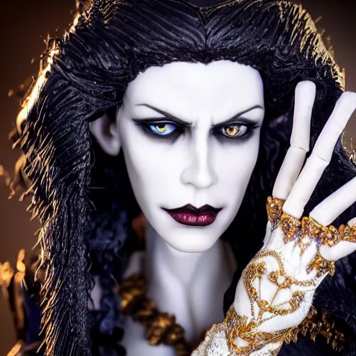 Image similar to photo taken of an epic intricate, ultra detailed, super realistic stop motion puppet of a majestic gracious regal aristocratic brunette female vampire and gothic filmset created by weta workshop, menacing, wide angle, full body shots, photorealistic, sharp focus, white wall, extremely cold blueish colour temperature, 3 5 mm, f 1. 4, golden ratio