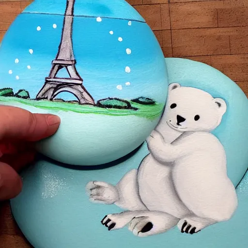 Image similar to A polar bear painting easter eggs in front of the Eiffel Tower