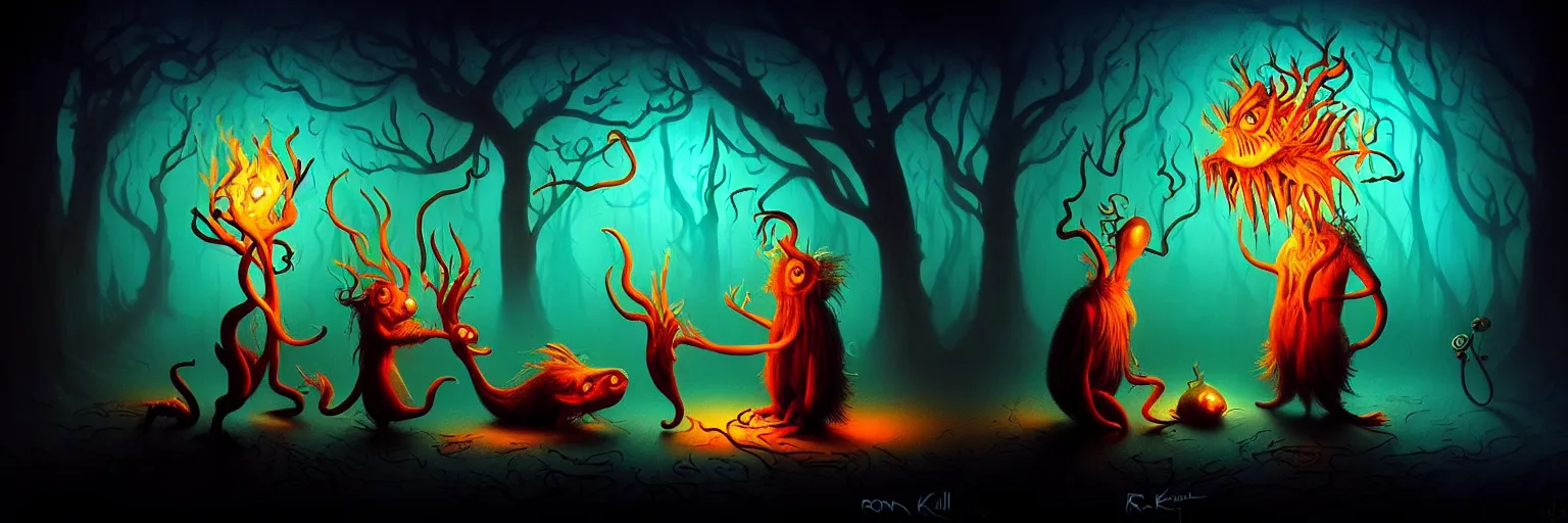 Prompt: whimsical creature freaks from the depths of the imagination, dramatic lighting from fire glow, surreal dark uncanny painting by ronny khalil