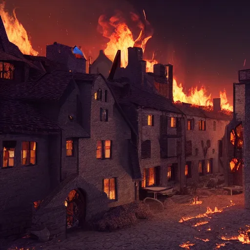 Prompt: medieval village burning down from meteor debris, award winning, trending on artstation, unreal engine, fantasy art, octane render, hyperrealistic