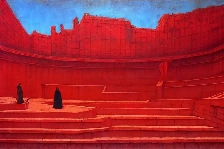 Image similar to only with red, a red melted emperor in an authoritarian position, taormina amphitheatre, crowd hails him, in the style of beksinski, parts by edward hopper, parts by rodcenko, parts by yue minjun, intricate and epic composition, red by caravaggio, insanely quality, highly detailed, masterpiece, red light, artstation, 4 k