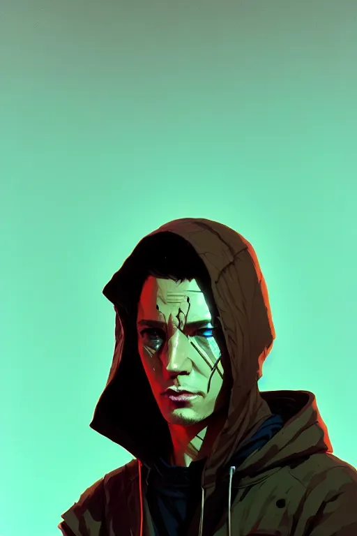 Image similar to cyberpunk synth, hyper - realistic portrait of a man in a hoodie, cyberpunk, by atey ghailan, by greg rutkowski, by greg tocchini, by james gilleard, by joe fenton, by kaethe butcher, dynamic lighting, gradient light blue, brown, blonde cream and white color scheme, grunge aesthetic