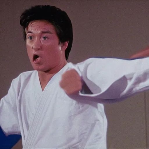 Image similar to still of donald trump as the karate kid, crane kick