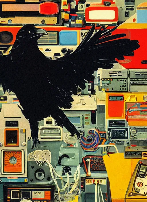 Prompt: a raven digging through 8 0 s era technology, vintage shapes, retro technology, happy color, wayne barlow, oil on canvas, deep depth field, masterpiece, cinematic composition, hyperdetailed