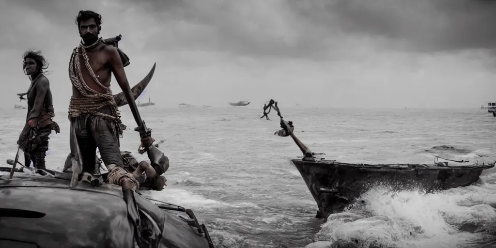 Prompt: sri lankan mad max style on boats, ocean, film still, epic shot cinematography, rule of thirds