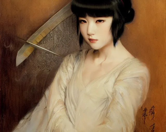 Image similar to a young japanese princess lady with white hair and bangs!!!!, posing with a sword, white hair highly detailed painting by gaston bussiere, craig mullins, j. c. leyendecker 8 k