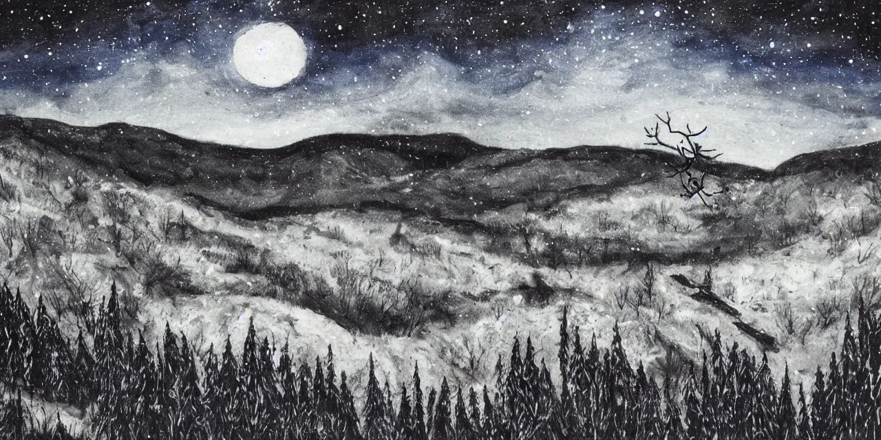 Prompt: laurentian appalachian mountains in winter, unique, original and creative black ink surrealist landscape artwork, snowy night, aurora borealis, deers, lonely human, fascinating textures, dripping paint