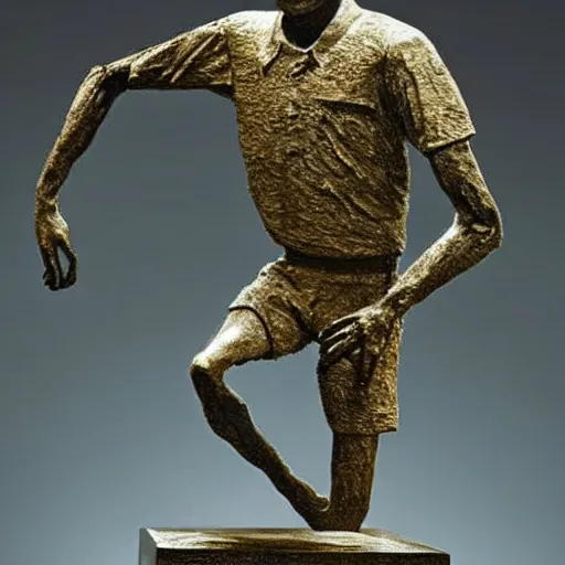 Prompt: Walking Man II by Alberto Giacometti wearing a cloth basketball jersey. Bronze Sculpture displayed in fine art museum.